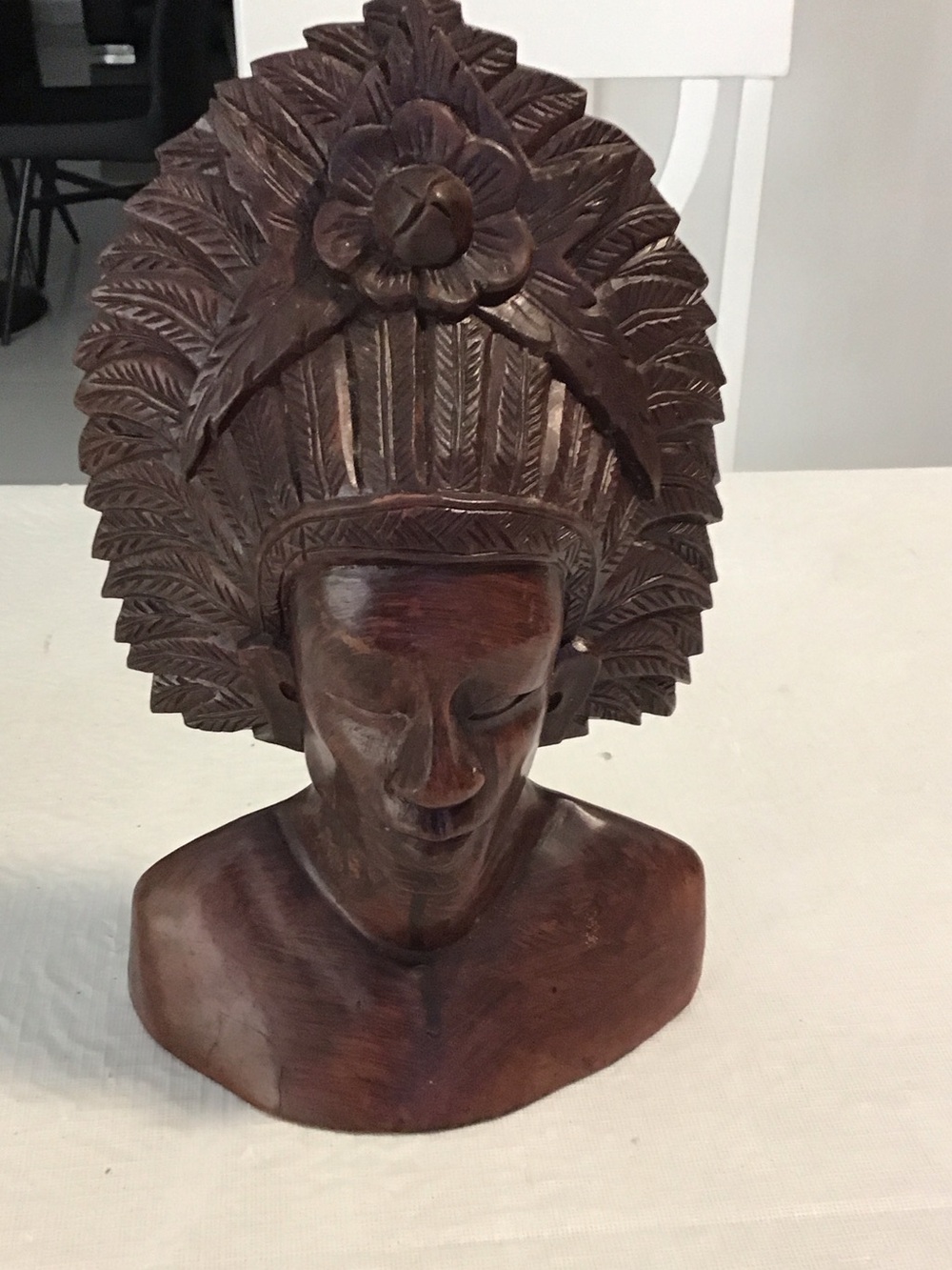 Hand-Carved Brown Wood Native Headdress Bust - Decorative Home Accent. #178. #4